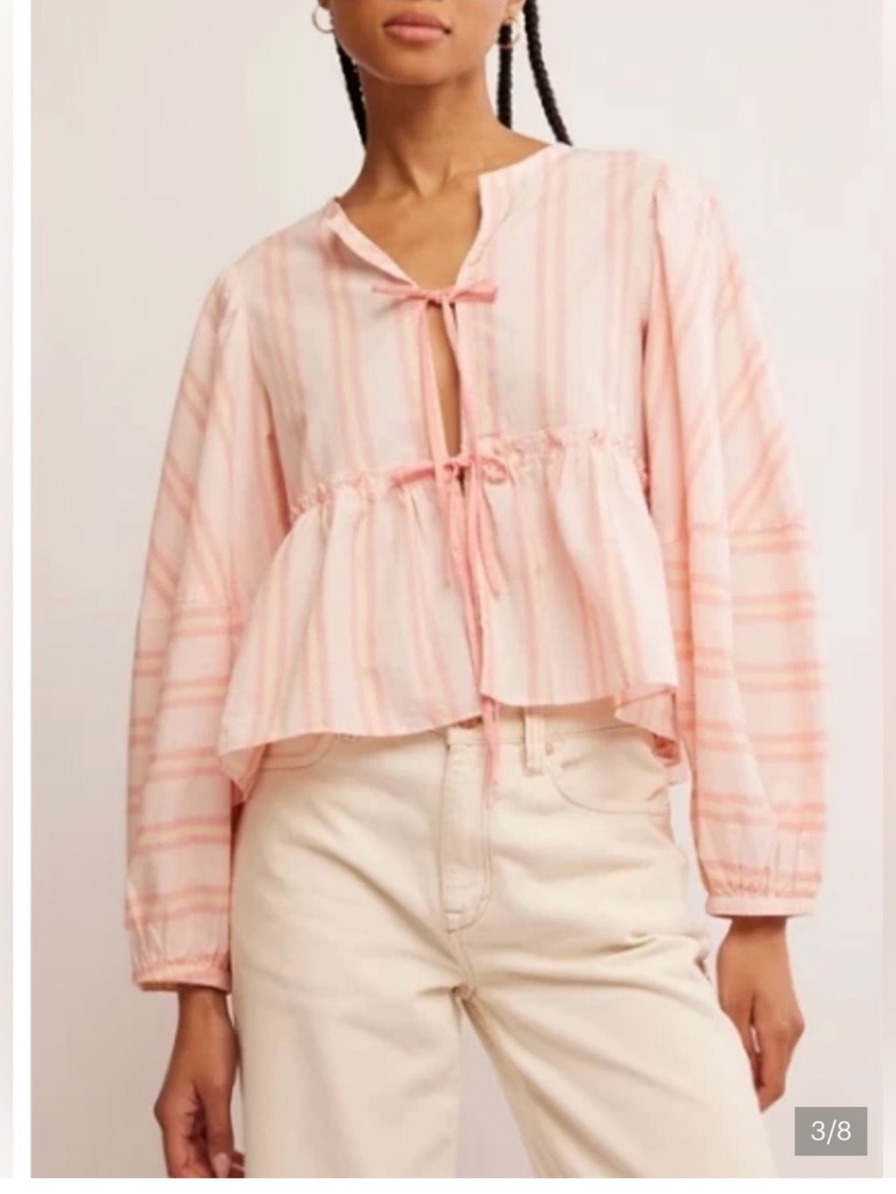 Free People Pink Striped Tie-Front Peplum Blouse